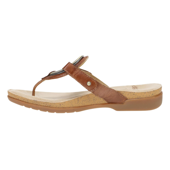 Brown leather thong sandal with a molded cork-look sole and toe post