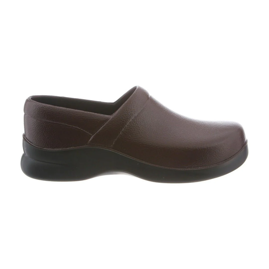 Brown leather slip-on work clog with black molded sole, side seam detailing, and closed toe
