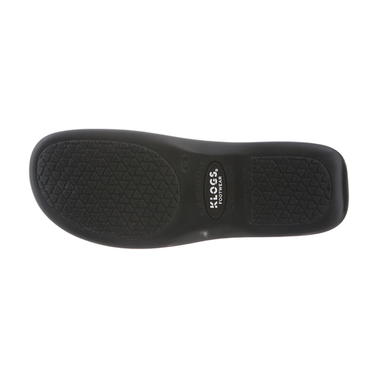 Black slip-resistant shoe outsole with triangular tread and KLOGS FOOTWEAR logo