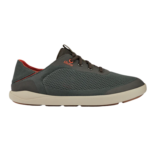 Dark gray mesh boat shoe with brown laces, beige sole, and orange Olukai logo
