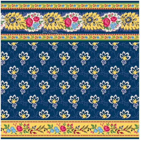 Decorative fabric pattern with floral and leaf designs on a blue background