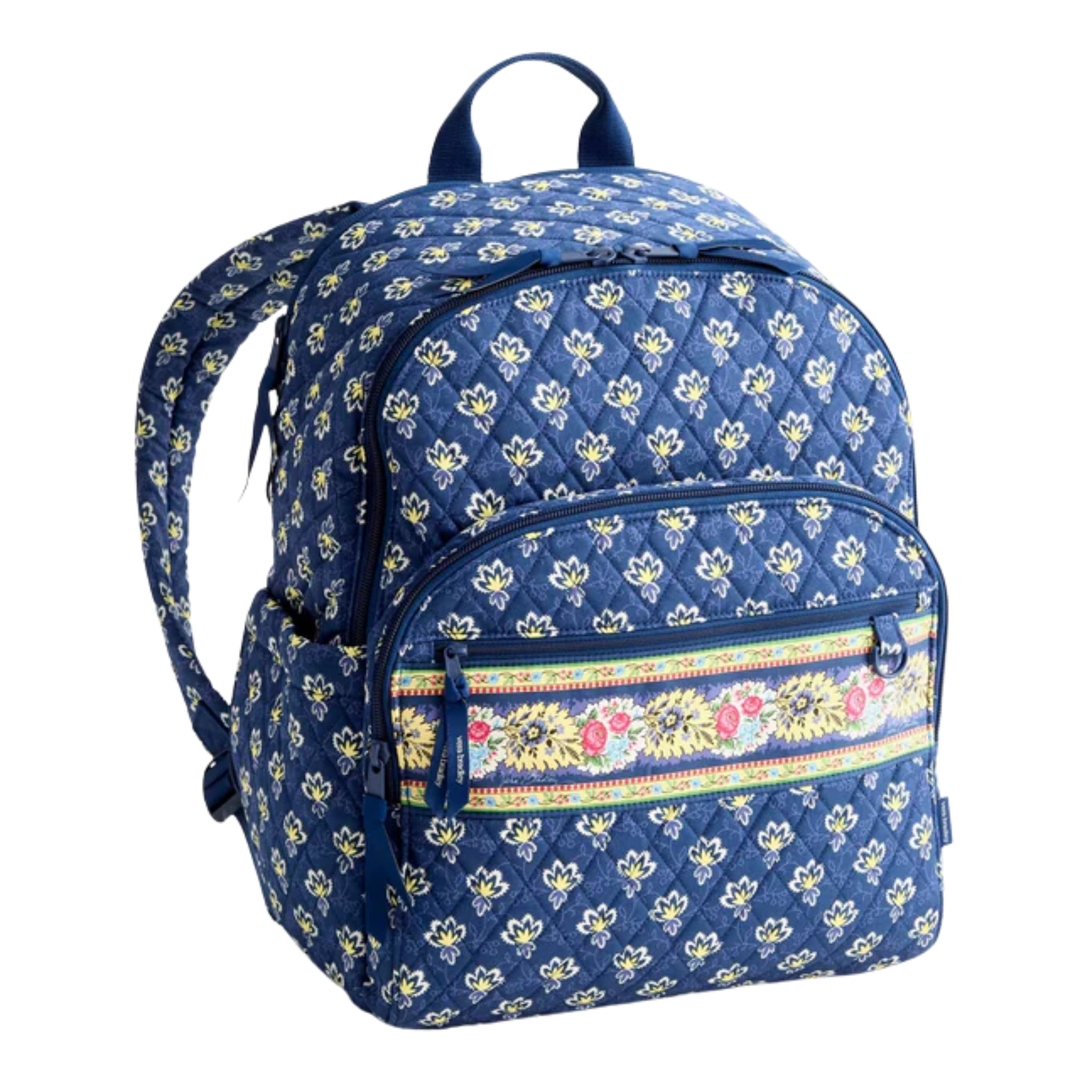 Blue floral-patterned backpack on a white background