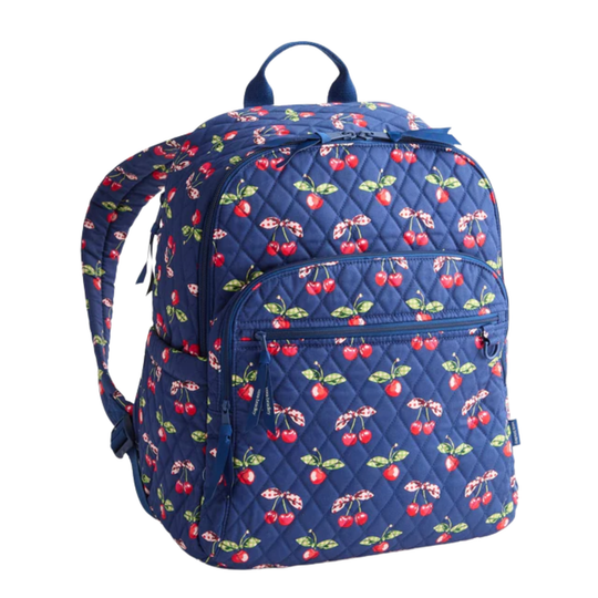 Blue backpack with cherry pattern on a white background