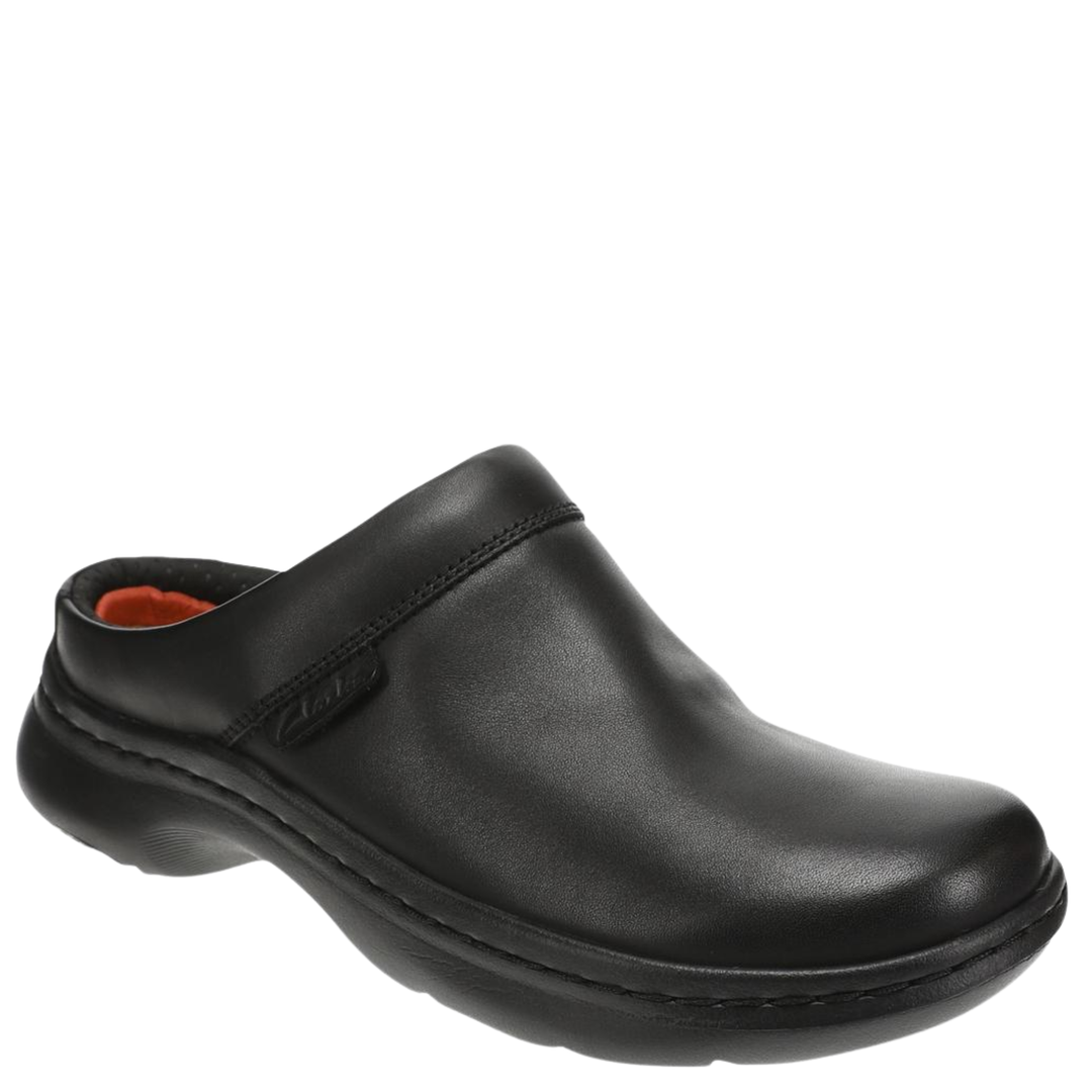 Black clog shoe on a white background