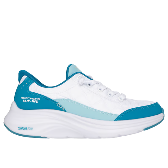 White slip-on sneaker with turquoise and light blue panels, white laces, and a thick white sole