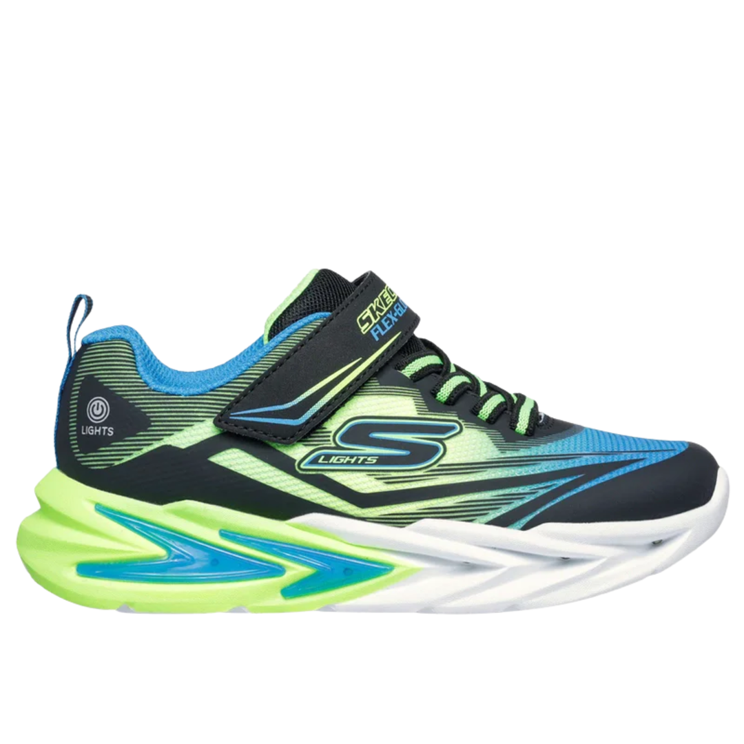 Black, lime, and blue kids' sneaker with lights, velcro strap, and thick white sole