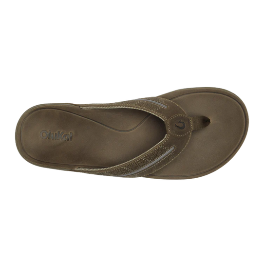 Brown thong flip flop with textured straps and visible Olukai logo on the footbed