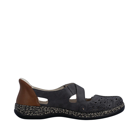 Black and brown closed-toe sandal with side cutouts and patterned sole