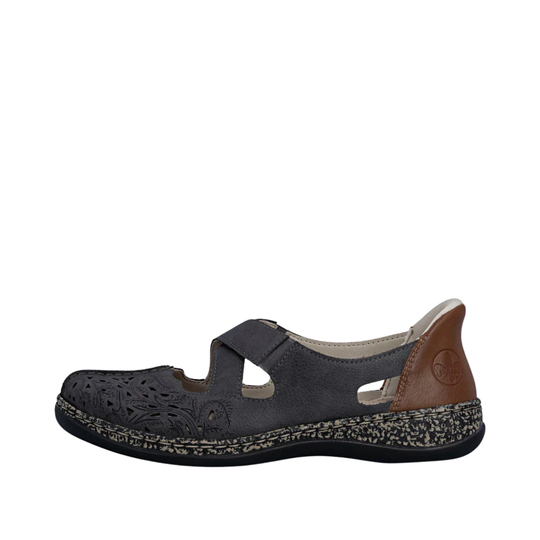 Dark gray closed-toe sandal with side cutouts, brown heel panel, and patterned speckled sole