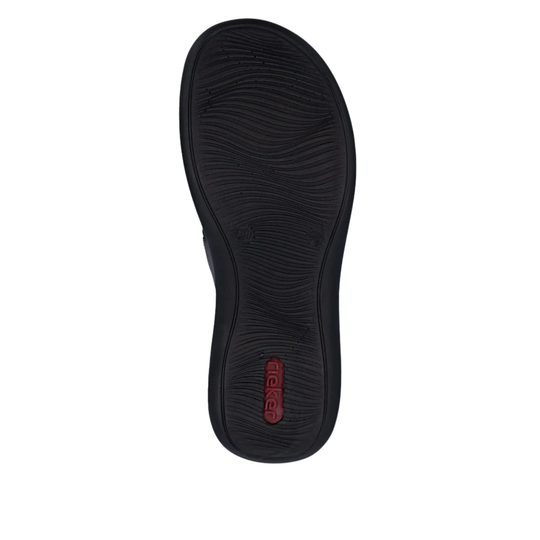 Black shoe sole with wavy tread and red Rieker logo