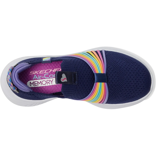 Navy knit kids slip-on shoe with rainbow strap, white sole, and Skechers Air-Cooled Memory Foam insole