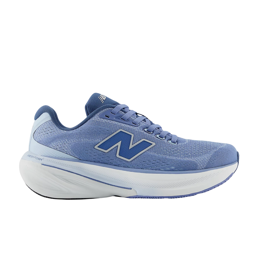 Light blue running shoe with a white cushioned sole and large side logo, shown in profile