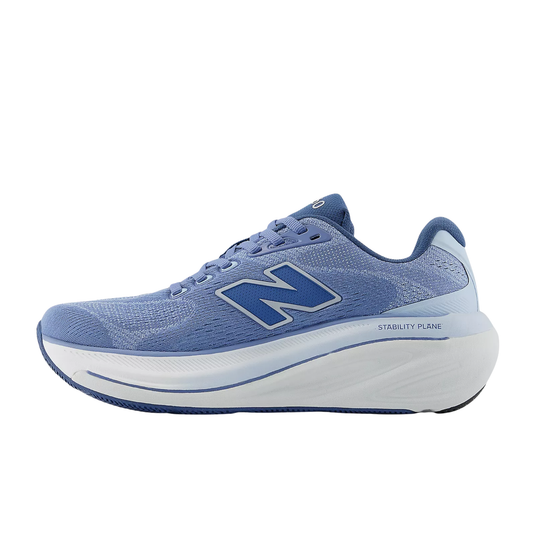 Blue low-top running shoe with white cushioned sole and side logo