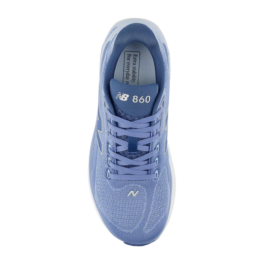 Light blue running shoe viewed from above with New Balance 860 on the tongue.