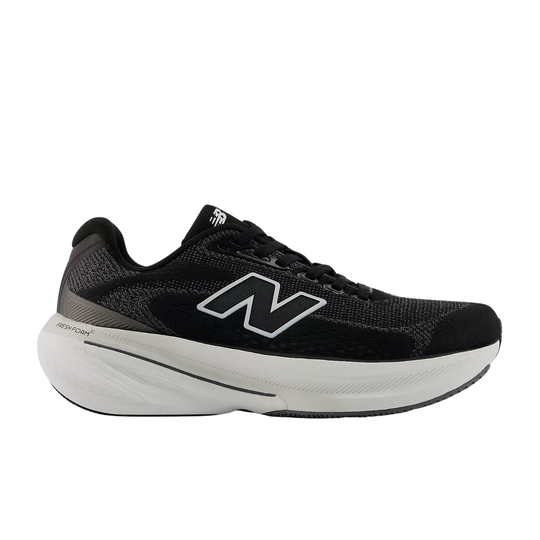 Black running shoe with white sole on a light gray background