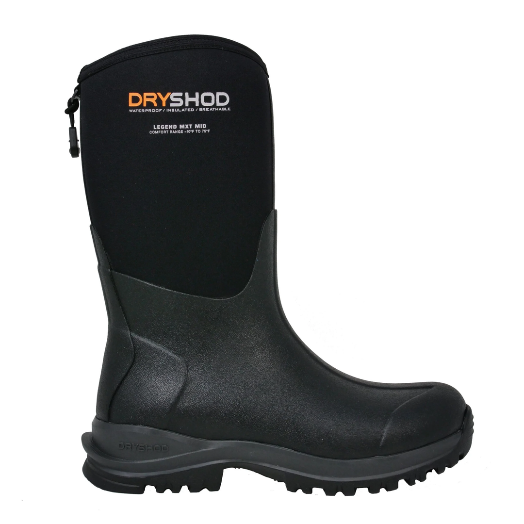 Black pull-on rain boot with a tall insulated shaft, textured lower body, and treaded sole