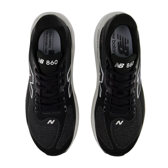 Black running shoes with white midsoles, shown from above, with 860 on the tongue