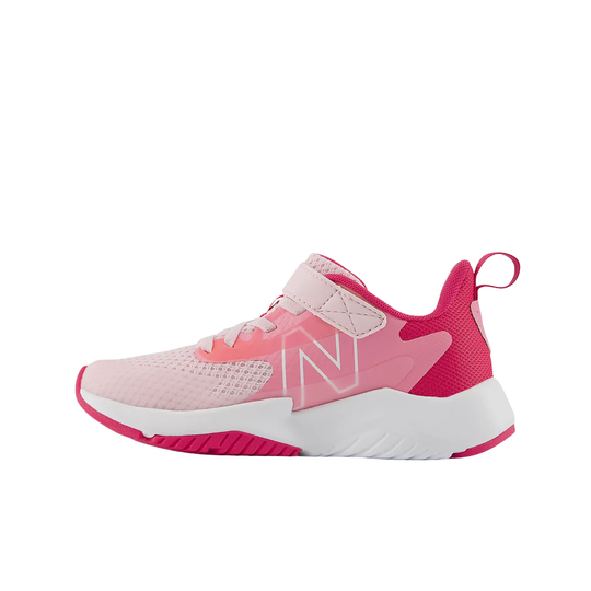 Pink and white kids' sneaker with mesh upper, strap closure, and large side N logo