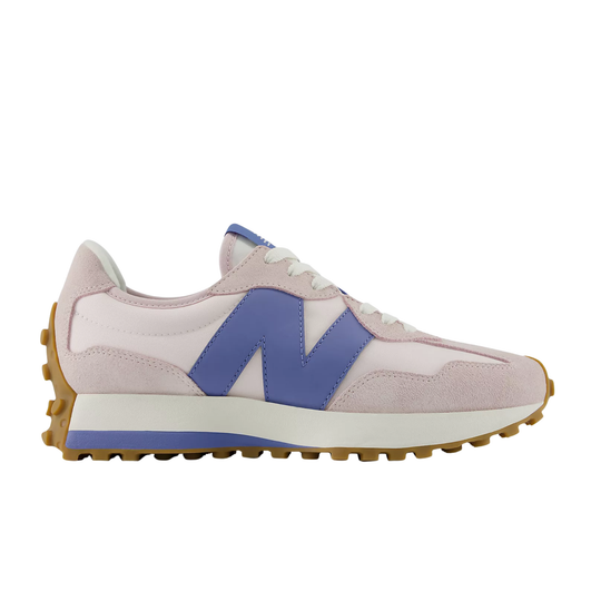 Pink and blue sneaker with a visible brand logo on a white background