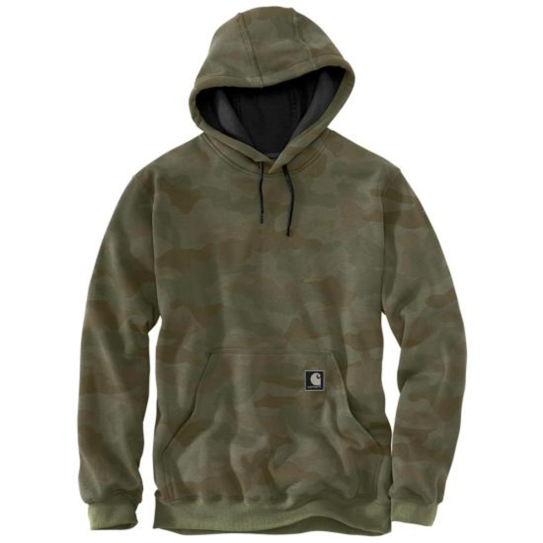 Olive camouflage pullover hoodie with front kangaroo pocket, black drawstrings, and small chest logo patch