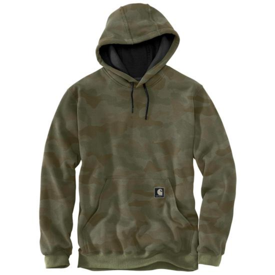 Olive camouflage pullover hoodie with front kangaroo pocket, black drawstrings, and small chest logo patch