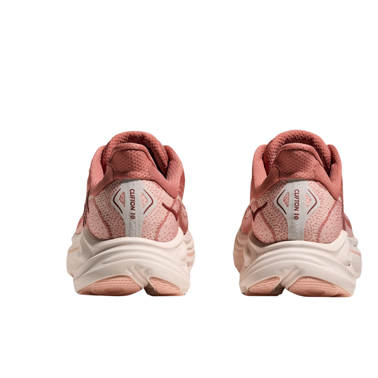 Pair of pink mesh running shoes shown from the back with chunky white midsoles and CLIFTON 10 on the heel tabs