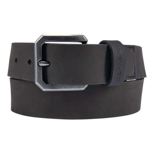 Black leather belt with a silver buckle on a white background