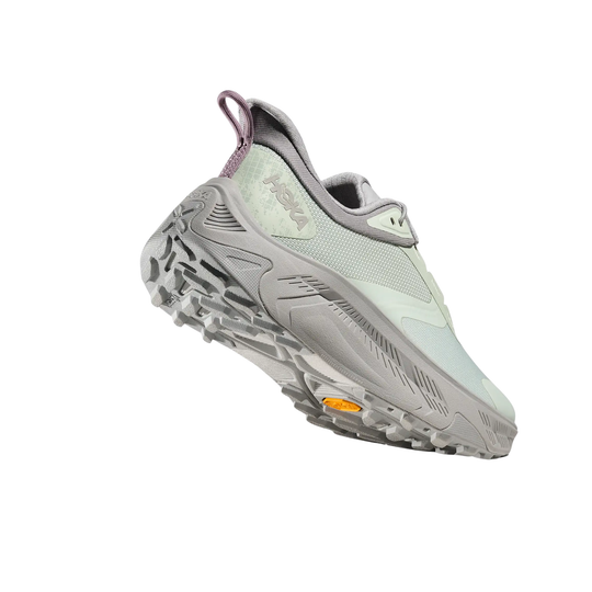 Gray and mint hiking shoe with lugged sole and side HOKA logo