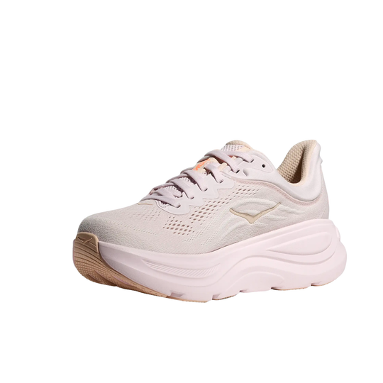Light pink running shoe with a thick white platform sole and tan outsole, shown in side view.