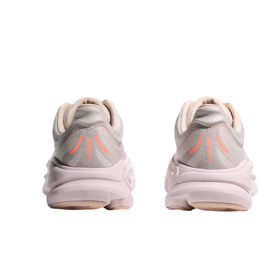 Back view of light gray running shoes with orange BONDI 9 markings