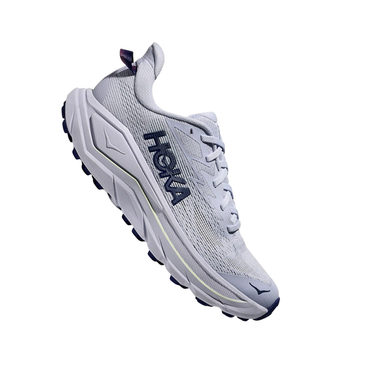 Light gray trail running shoe with white sole, navy accents, and HOKA branding