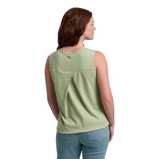 Back view of a light green sleeveless tank top with a small logo at the upper back.