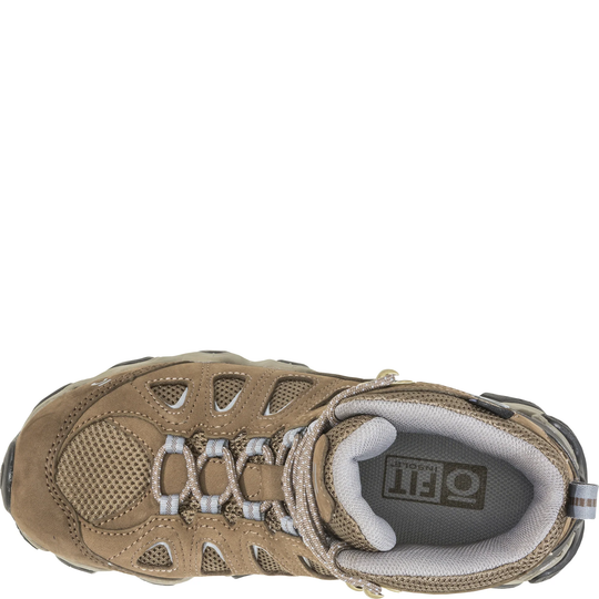 Brown mid-height hiking boot with mesh panels, bungee laces, and a padded collar