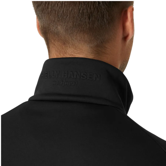 Black jacket seen from the back with a raised collar and embossed text on the neck