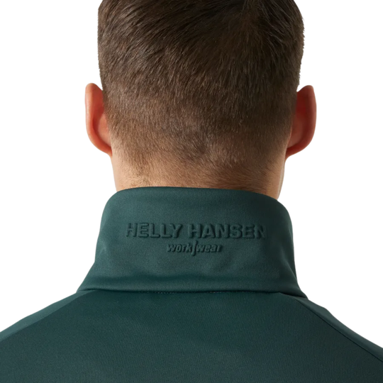 Back view of dark green jacket with raised Helly Hansen Workwear logo on the collar