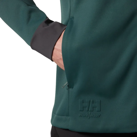 Dark green work jacket with hand pocket and embossed Helly Hansen Workwear logo