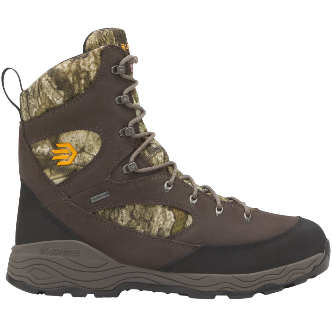 Brown and camouflage lace-up hunting boot with a black rubber toe cap and orange logo