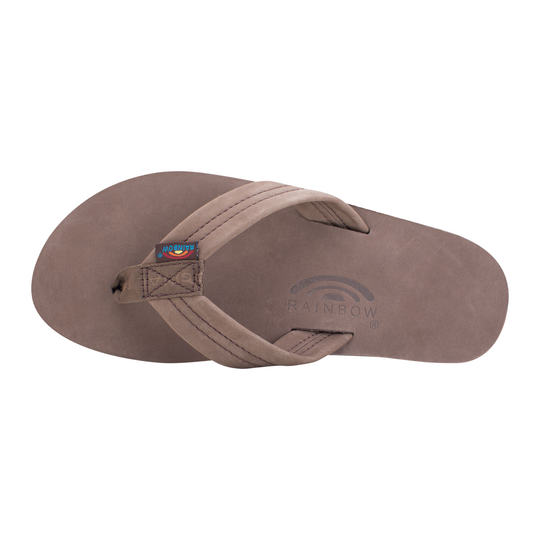 top view of expresso flip flop with rainbow sandal logo
