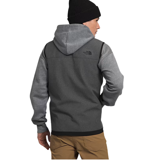 Gray hooded vest layered over a gray hoodie, shown from the back, with The North Face logo
