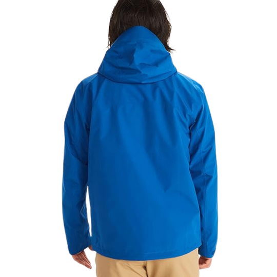 Blue hooded jacket worn by a person on a white background