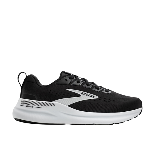 Black running shoe with white sole on a white background