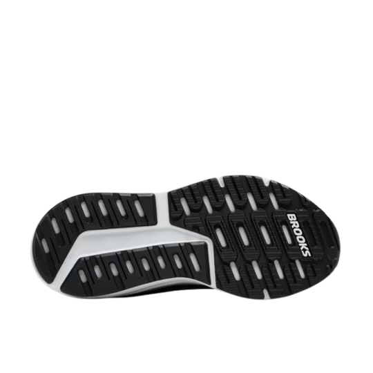 Black shoe outsole with white cushioning sections and Brooks branding
