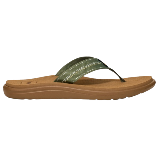 Brown thong flip-flop with olive green woven straps and a thick molded sole