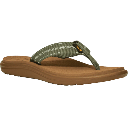 Olive green flip-flop sandal with a brown cushioned sole and a textured thong strap