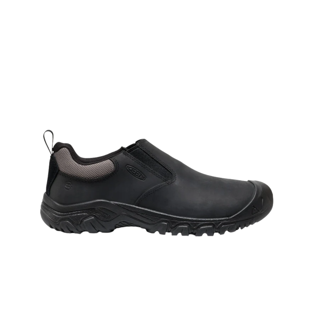 Black slip-on hiking shoe with rugged tread, elastic side panel, and pull tab