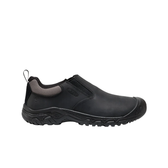 Black slip-on hiking shoe with rugged tread, elastic side panel, and pull tab