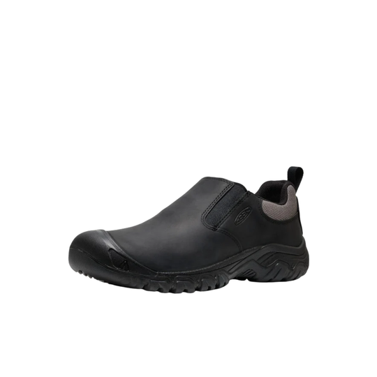 Black slip-on hiking shoe with a rugged treaded sole and pull tab