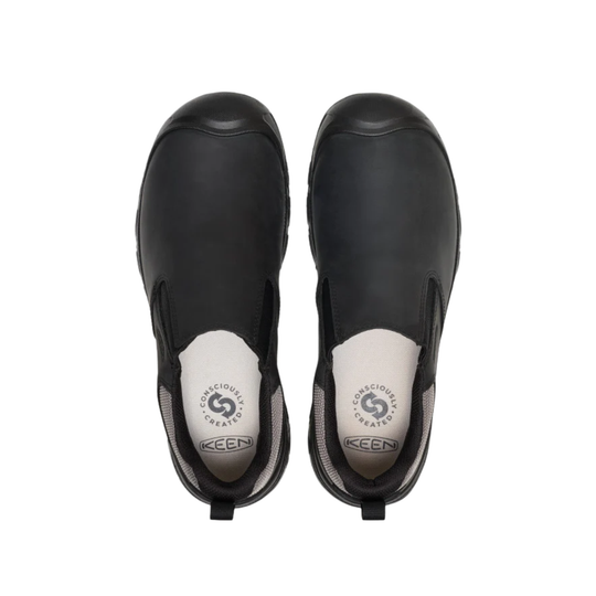 Black slip-on shoe with elastic side panels and logo insoles