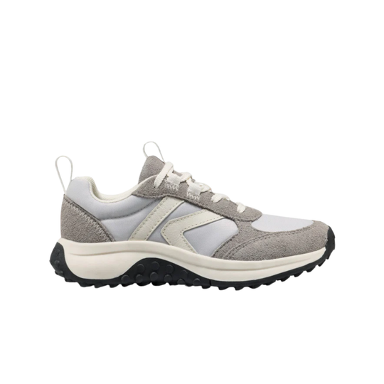 Gray and white low-top sneaker with white laces, pull tabs, and a chunky black tread sole