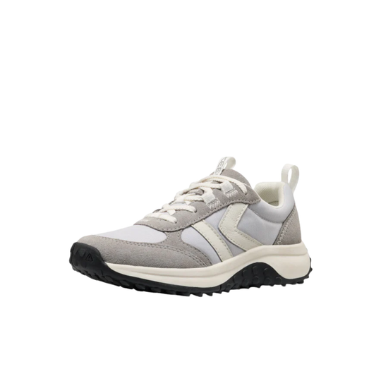 Gray and white kids' sneaker with lace-up closure, side logo overlays, and black tread sole